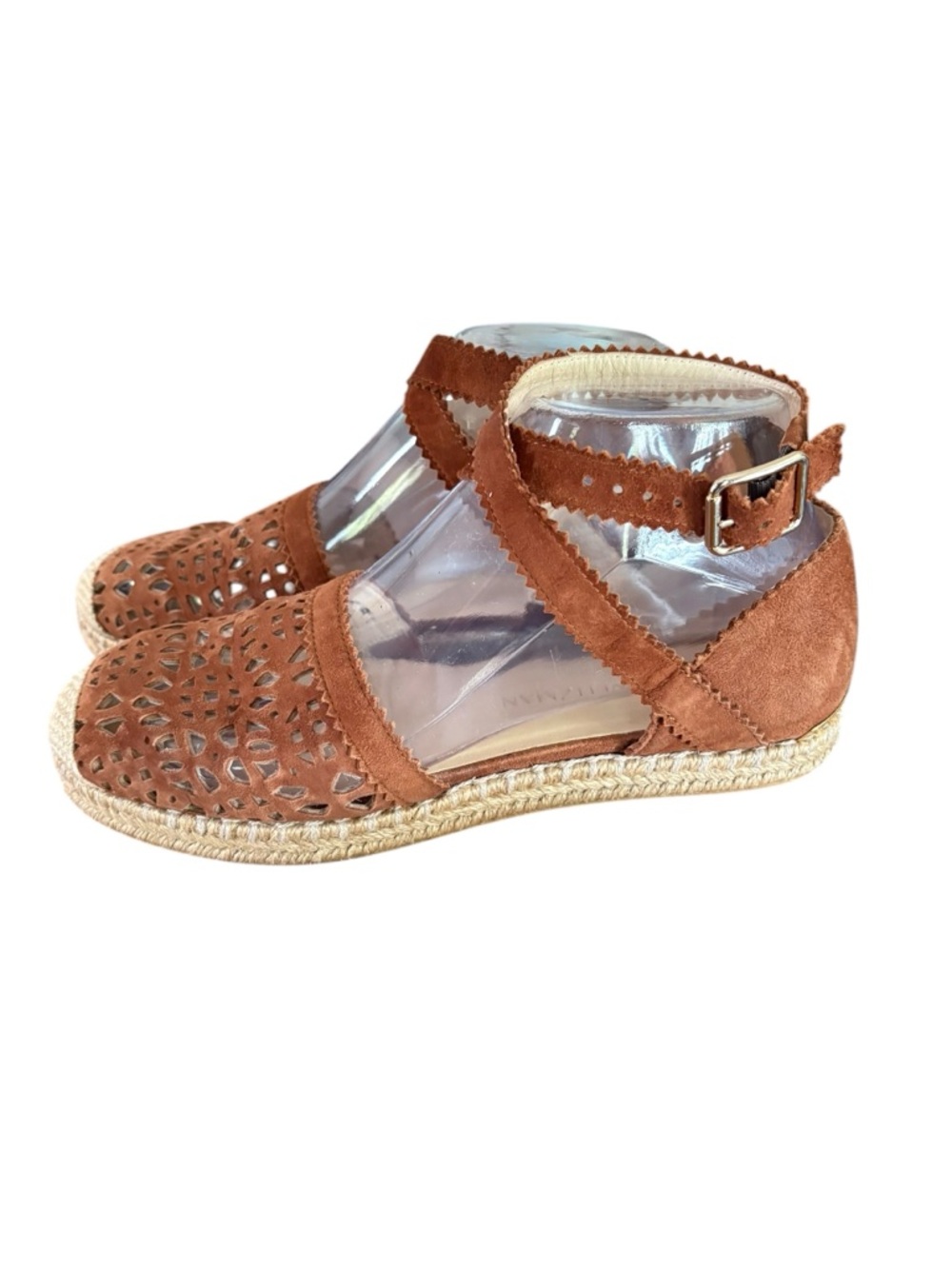 Stuart Weitzman Atalanta Brown Suede Laser Cut Flats, Ankle Strap Sz 6.5